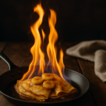Naleśniki flambirowane na patelni, z płomieniami ognia i plasterkami banana na wierzchu.