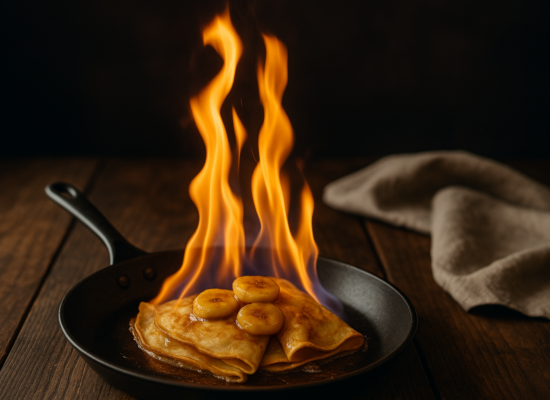 Naleśniki flambirowane na patelni, z płomieniami ognia i plasterkami banana na wierzchu.