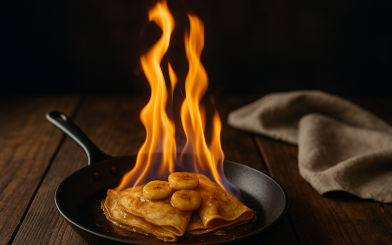 Naleśniki flambirowane na patelni, z płomieniami ognia i plasterkami banana na wierzchu.